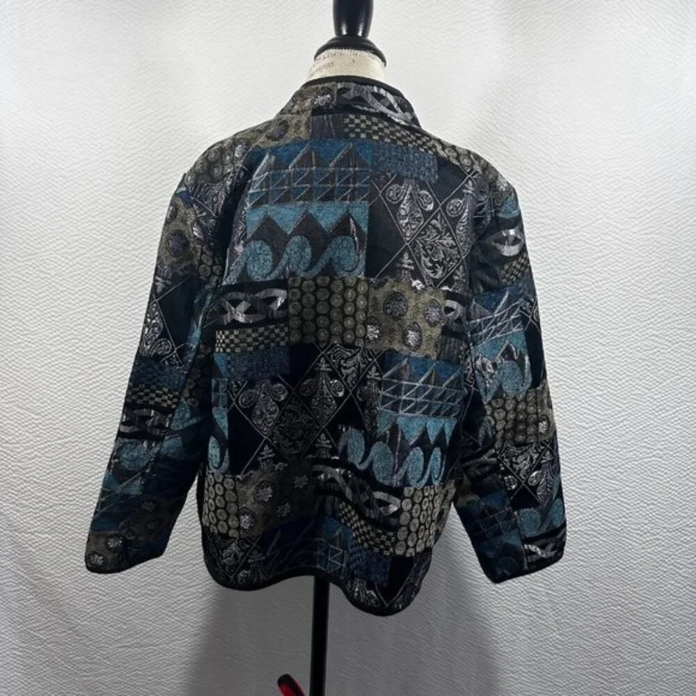 Vintage Tapestry Blue Black  Mandarin collar Full Zip jacket Abstract 2X - Picture 5 of 9